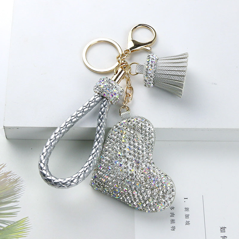 Wholesale Diamond Studded Peach Heart Tassel Leather Keychain